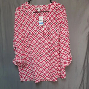 Studio Works Pink 1/4 Zip Floral  Geo PatternTop Roll Up Cuffs Womens Sz XL